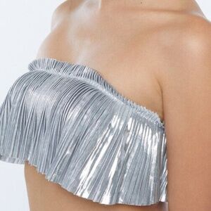 Savage X Fenty Women's Pleated Lamé Bandeau Bralette Metallic Silver M NWT